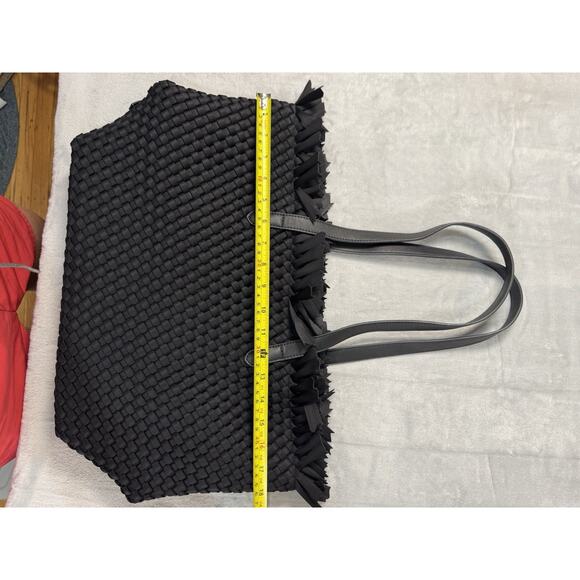 Ah-Dorned Black Woven Neoprene Fringe Tote | Soft Structured Shoulder Bag - Picture 5 of 12